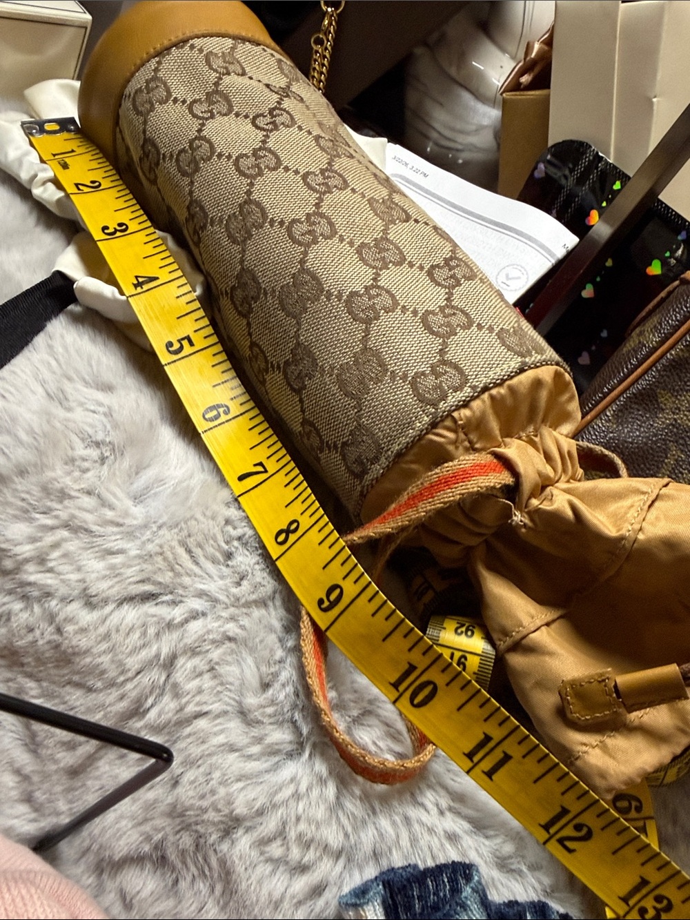 Gucci Beige GG Monogram Drawstring Mini Water Bottle Bag with Tan Trim - Picture 15 of 15